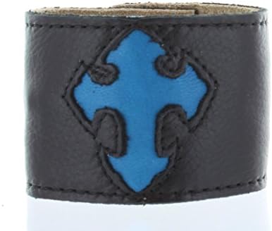 Charlie Biker Bracelet, Men or Womens Leather Bracelet with Secret Hidden Zipper Compartment, Approx 8-9" Adjustable, Black Leather with Teal Blue Cross Design.