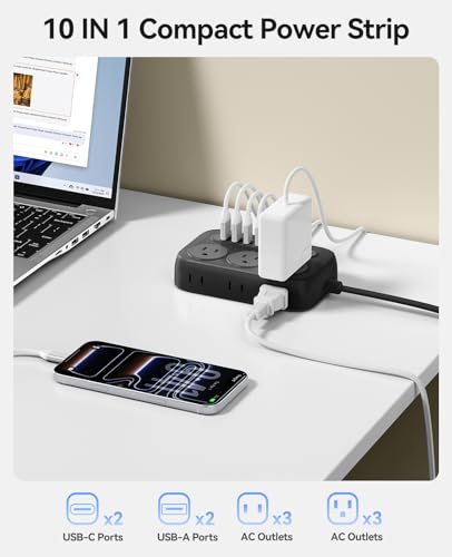 ORICO Regleta Multicontacto Supresor de Picos y PD20W, 3M Extension Electrica con 6 Salidas CA y 4 USB (2 USB-C), Conector Múltiple con Enchufe Plano, Pared y Escritorio para Hogar/Oficina - OG