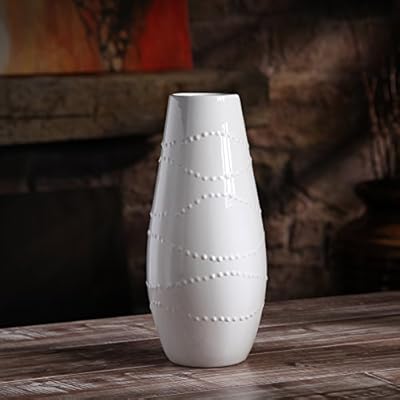 Hosley 12" High White Textured Ceramic Vase. Ideal Gift for Weddings, Party, Home, Spa, Reiki O3