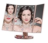 EMOCCI Lighted Makeup Mirror Tri-Fold Cosmetic Vanity Mirrors with 21 led Lights 3X 2X 1 Magnification USB Charging 180 Degree Rotating for Travel Dressing Bedroom Countertop Tabletop(Gold)