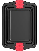 Vremi 3 Piece Baking Sheets Nonstick Set - Professional Non Stick Sheet Pan Set for Baking - Carbon Steel Baking Pans Cookie Sheets with Red Silicone Handles - has Quarter and Half Sheet Pans