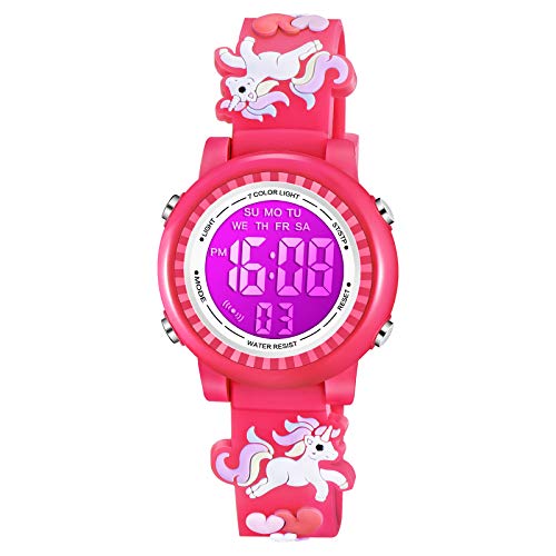 Venhoo Kids Watches 3D Cartoon Waterproof 7 Color Lights Toddler Wrist Digital Watch with Alarm Stopwatch for 3-10 Year Girls Little Child