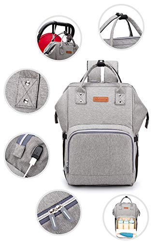 Diaper Bag Backpack with USB Charging Port, Multi-Function Waterproof Care Travel Backpack, Large Capacity, Light, Stylish, Durable, Suitable for Carrying Travel (Gray)