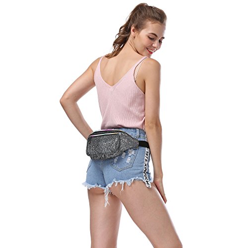 Miracu Holographic Neon Fanny Packs for Women, Fashion Cute Fanny Pack for Rave, Festival (Black) - Thumbnail 6