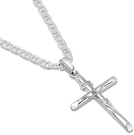 Solid Sterling Silver Cross Necklace 2mm Mariner Chain - Crucifix - 26"