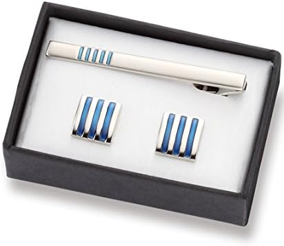 Alex Land 3 Pieces Gift Set 2-Tone Silver and Blue Striped Metal Cuff Links and Matching Tie Clip in nice Gift Box