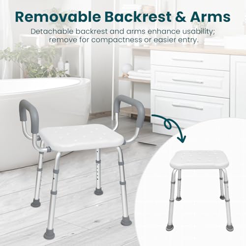 Shower Chair for Elderly and Disabled with Removable Armrests - Height Adjustable, Sturdy Non-Slip Bathroom Stool Supports up to 350 lbs for Shower and Tub