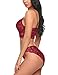 ADOME Women's Lace Lingerie Bra and Panty Set Strappy Babydoll Bodysuit S-XXL (Large, Dark Red 7221)