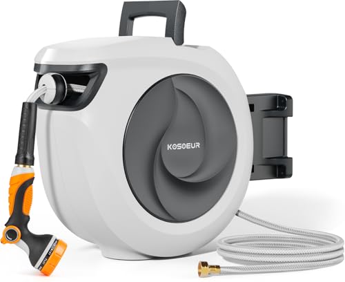 KOSOEUR Retractable Garden Hose Reel, 1/2 in x 65 ft Garden Hose Reel, Automatic Retractable Water Hose Reels Wall Mount with 10 Pattern Nozzle, Slow Rewind System/Any Length Lock/180° Swivel Bracket