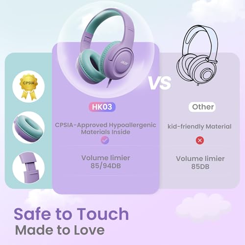 acer Kids Headphones - 85/94dB Volume Limiter, Foldable Wired Over Ear Headphones for Travel, 3.5mm Jack, Toddler Headphones for School, Travel, iPad, Tablet, Purple Green, HK03