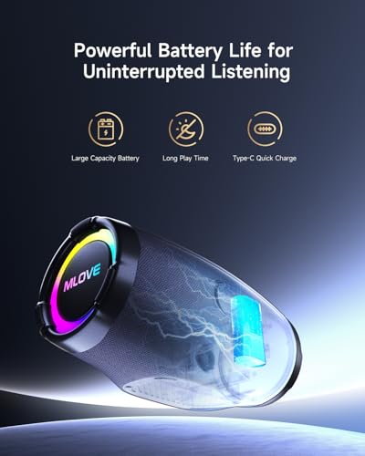 MLOVE E90 Altavoz Portátil Bluetooth Inalámbrico Impermeable RGB LED Luz True Wireless Stereo, Bluetooth 5.4, Micro-SD, Memoria USB, Jack 3,5mm, Carga Type C, Negro