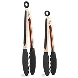COOK with COLOR Stainless Steel Silicone Tipped Kitchen Food BBQ and Cooking Tongs Set of Two 9" and 12" for Non Stick Cookware, BPA Fee, Stylish, Sturdy, Locking, Grill Tongs, Rose Gold and Black