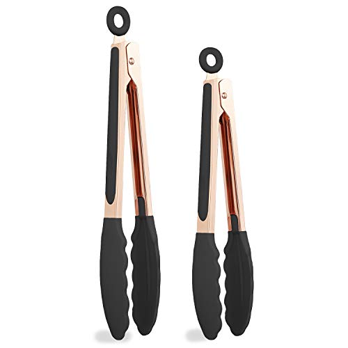 COOK with COLOR Stainless Steel Silicone Tipped Kitchen Food BBQ and Cooking Tongs Set of Two 9" and 12" for Non Stick Cookware, BPA Fee, Stylish, Sturdy, Locking, Grill Tongs, Rose Gold and Black