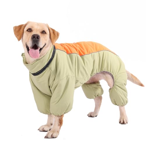 Photo 1 of Dogs Fullbody Winter Snow Jacket, Zip Up Fleece Lining Dog Coat, Reflective Windproof Dog Snowsuit Jumpsuit with Harness, LightGreen,26