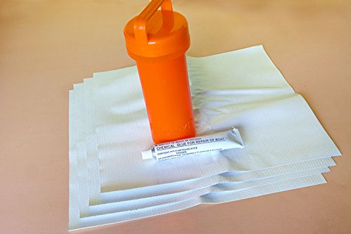 Vinyl Adhesive Party Tent Patch Repair Kit, Four 12-inch by 12-inch White Vinyl Squares with 1-Ounce Liquid Repair Glue and Portable Orange Carrying Case