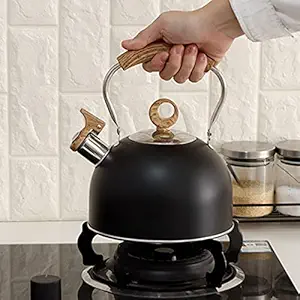 Wowobjects 2.5 Liter Whistling Tea Kettle, Multifunctional Teapot with Handle, Stainless Steel Teapot with Whistle Sound Reminder, Single Bottom Whistle Kettle, for Electric Stove Gas Stove (Black)