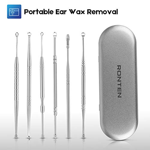 Ear Wax Removal Tool,Ronten 6pcs Ear Candles Stainless Steel Curette Earwax Removal Kit with Storage Box and Cleaning Brush, Silver
