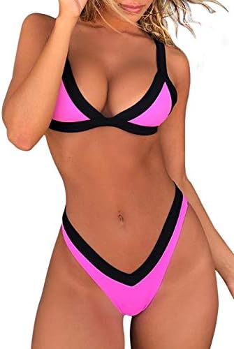 Womens 2 Piece Swimsuit Triangle Halter Padded Bikini Top High Cut Thong Cheeky Bikini Bottom Bathing Suits (Rose Red, S=US(2-4))