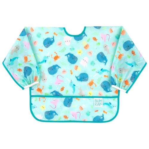 Bumkins Sleeved Bib, Handy Tie Closure For Custom Fit, Catch-All Pocket, Baby-Led Weaning, Waterproof, Machine Washable, Stain & Odour Resistant, BPA Free, 6-24 Months, Ocean Life Design