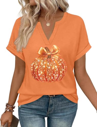 Women Fall Halloween V Neck Shirt Funny Autumn Short Sleeve Tee Retro Glitter Punpkin Graphic Thanksgiving Tops (26-820-Orange,XXL) at Amazon