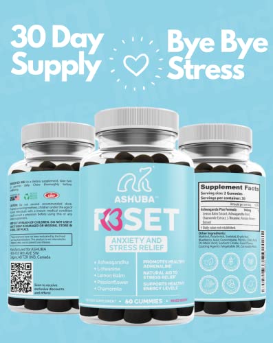 ASHUBA Reset Stress Relief Gummies| Ashwagandha, Lemon Balm, Passionflower, L-theanine, Chamomile | Boosts Energy, Supports Mood, Relaxes Mind & Body| Vegan, Non-GMO & Lab Tested-60 Gummies