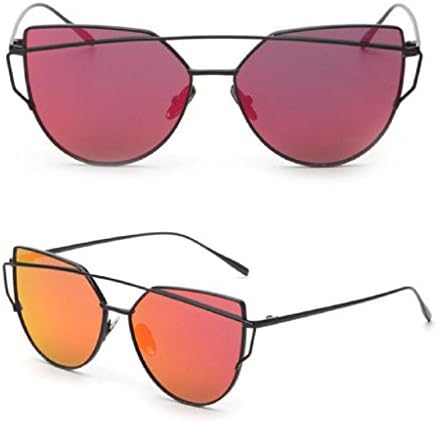 Anywa Fashion Twin-Beams Classic Women Metal Frame Mirror Sunglasses Cat Eye Glasses (Gold, Red)
