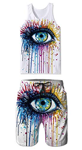 SKYRAINBOW Sport Gym Sleeveless Vest Shirts 3D Printed Realistic Colorful Eyes Underwaist Gym Tank Tops for Men Blue White