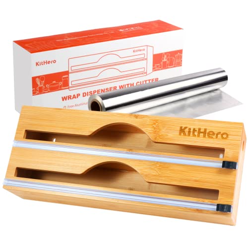 2 in 1 Foil and Plastic Wrap Organizer，with one Roll of Aluminum Foil，Hangable Bamboo Roll Organizer Holder，Tin Foil, Wax Paper, Plastic Wrap Dispenser for Kitchen Drawer