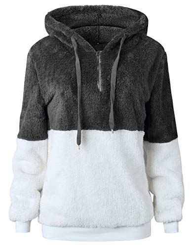 Women Long Sleeve Fleece Pullover Hoodie 1/4 Zip Patchwork Sherpa Sweatshirt Fuzzy Casual Tops Outwear Darkgray