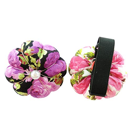 CUSHYSTORE 2X Pink Purple Wrist Flower Floral Garden Pin Needle Cushion Pincushion Wearable Pumpkin Sewing Holder Safety with Adjustable Elastic Band for Girl Women Gift