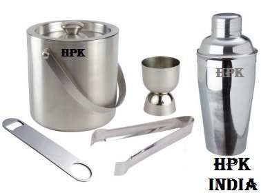 HPK Bar Accessories-HPK-India Cocktail Set - 1 ICE Bucket,1 Cocktail Shaker, 1 Opener, 1 Tong, 1 PEG Measure Double Glass