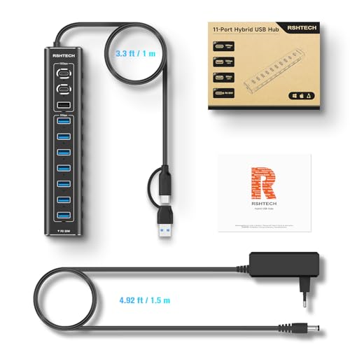USB Powered Hub, RSHTECH 11 Ports USB 3.2 Hub with Power 60W (12/5A), USB Data Port 10Gbps (2*Tip-C, 1*Tip-A), 7*5Gbps USB 3.0 and 20W PD, Aluminum USB Splitter with 2 in 1 Cable, RSH-A11PD