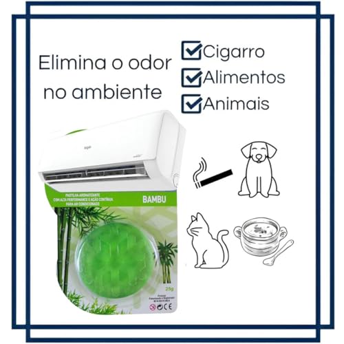 Pastilha Bactericida Aromatizante para Ar Condicionado Split – AROMA BAMBU (25g) Higienizadora Ação neutralizadora de odores Aroma contínuo ELIMINA MAU CHEIRO