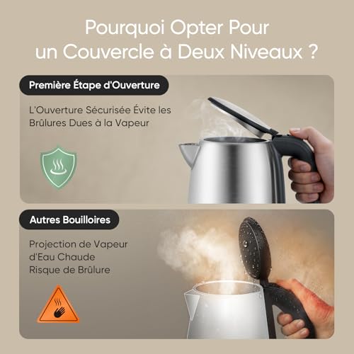 COSORI Stainless Steel Electric Kettle, 1.7 L, 2200 W, Plastic Free on Water Contact, Strix Technology, Boil in 3 Minutes, Wide Opening, 360° Swivel Base, Silver