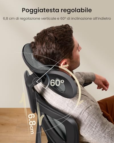 ProtoArc EC100 Ergonomic Office Chair - Desk Chair with 10cm Spring Cushion, Lumbar Support, Adjustable Arms and Headrests, Mesh Swivel Chair for Home and Office, Grey