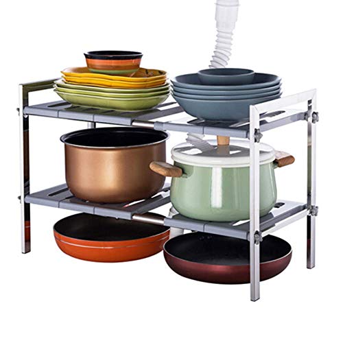 2 Tier Under Sink Shelf Organizer Expandable Cabinet Storage Rack for Kitchen Bathroom, Stainless Steel + Plastic Panel