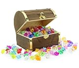 Wooden Pirate Treasure Chest with 240 Colored "Jewels" (Plastic Gems); 6" x 4.5" x 5" Antique Style Wood Box with Brass Accents; 1 Lb. Acrylic Gemstones