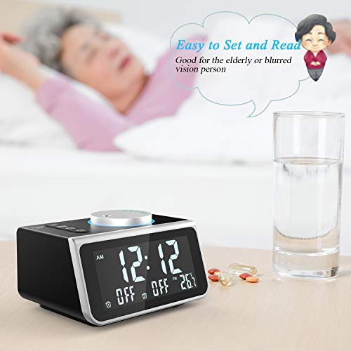 LATME-Alarm-Clock-Radio-for-Heavy-Sleepers W Dual Alarms,3.2'' Digital Display and Dimmer,7 Alarm Sounds,Snooze,2 USB Ports,Bedside FM Radio Clocks with Temp for Bedrooms/Kitchen/Office (Black-Grey)