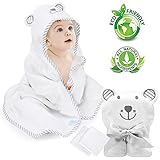 Eccomum Baby Hooded Towel Organic Bamboo Baby Bath Towels for Toddlers, Ultra Soft, Super Absorbent Thick, Large 35" x 35", Cute Ear Design, 2 Washcloth, Perfect Baby Shower for Boys and Girls