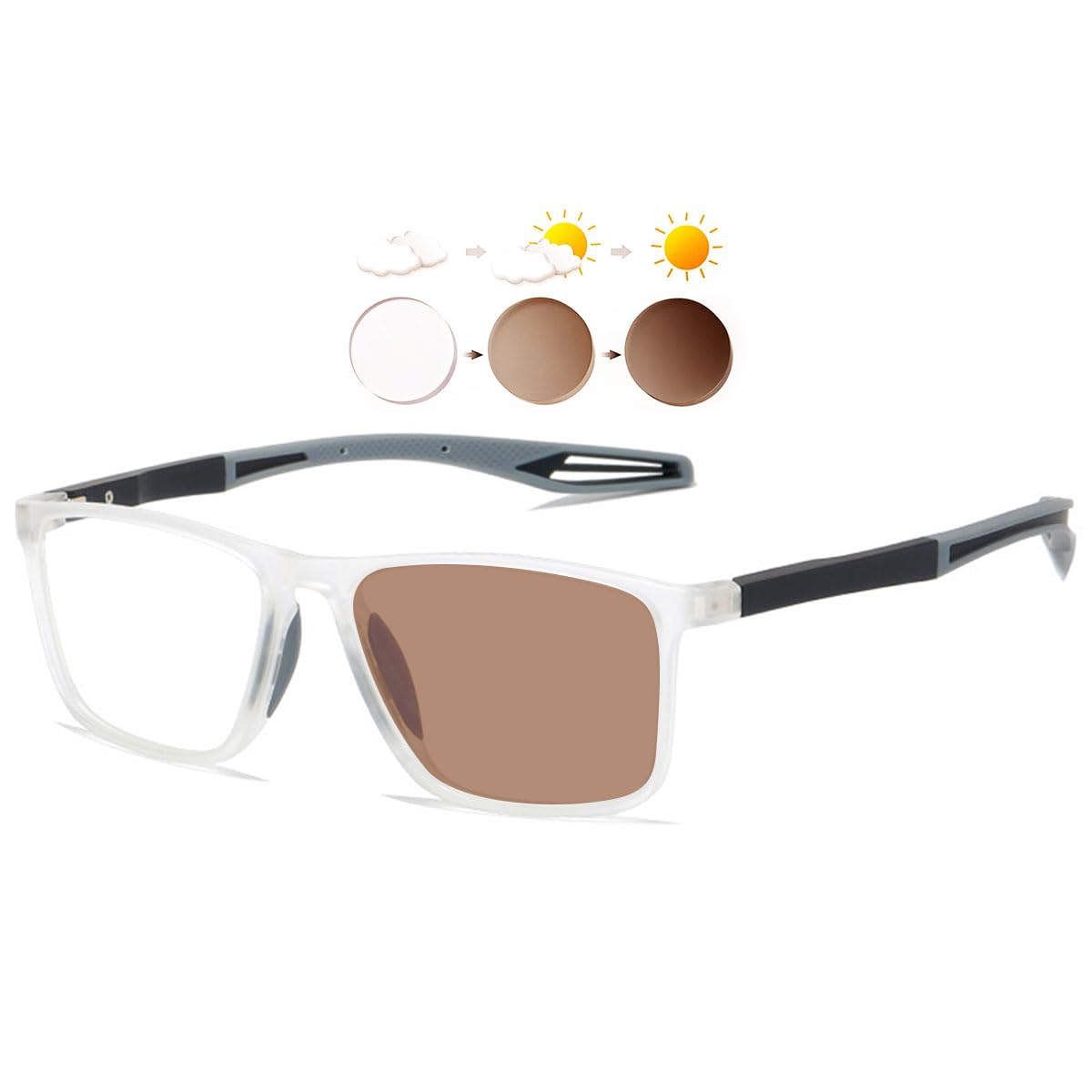 KOOSUFA Photochromic Reading Glasses Blue Light Blocking Sun Readers UV Protection TR90 Super Lightweight Sunglasses for Men Women 3 in 1 Lenses Darken In Sunlight Brown Lens/Transparent grey 2.0