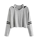 Keepfit Fashion Crop Tops, Striped Sweatshirt Causal Cut Out Shoulder Blouse for Women (M, Gray)