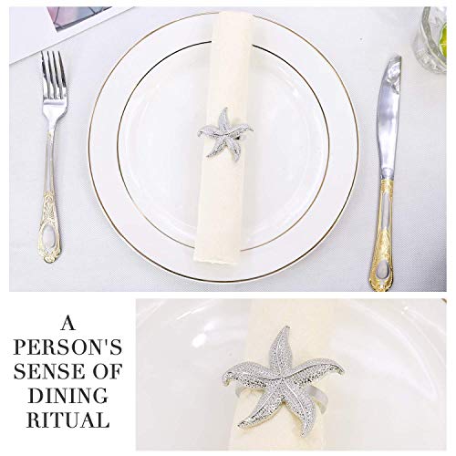 Elehere Napkin Rings Set of 6 Crown Rhinestone for Wedding Party Dinner Table Decor (Starfish Silver, 6)