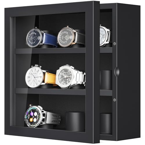 TJ.MOREE 9-Slot Watch Display Case, Wall Mount Wooden Watch Box, Vertical Storage Men’s Watch Box