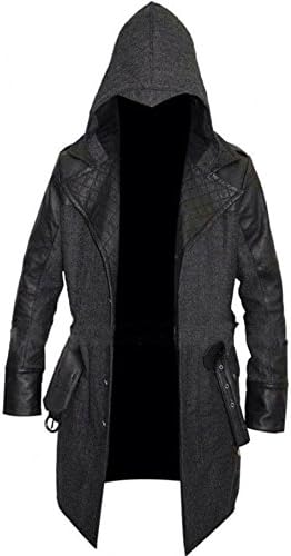 Men's Assassins Creed Syndicate Jacob Frye Christmas Black Faux Leather with Dark Heather Grey Trench Coat (XXXLARGE Chest 46" to 48")