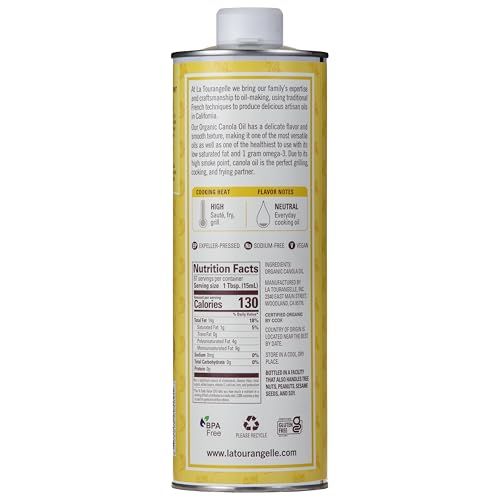 LA TOURANGELLE, ORGANIC CANOLA OIL, EXPELLER-PRESSED NON-GMO CANOLA SEEDS, PESTICIDE AND CHEMICAL FREE, HIGH HEAT NEUTRAL COOKING OIL, 33.8 FL OZ