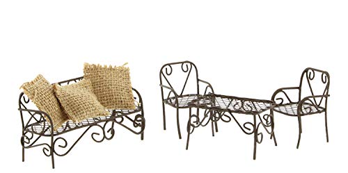 The Bridge Collection Mini Furniture Bundle for Fairy Gardens - Metal Couch Set with Burlap Pillows