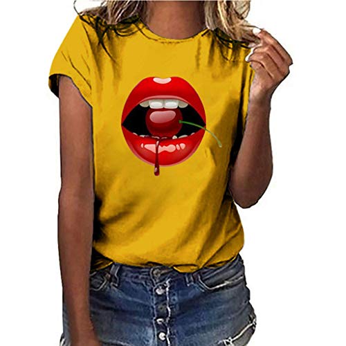 Mimfor Womens Tops,2019 Women Plus Size Lips Gesture Print Short Sleeve T-Shirt Tops（C-Yellow，Small）