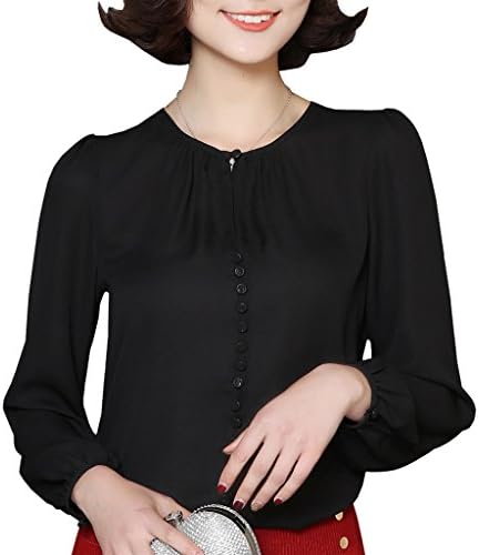 NIXI Women Round Neck Long Sleeve Shirts Solid Color Chiffon Tops Sheer Blouse