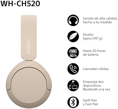 Auscultadores Bluetooth sem fios Sony WH-CH520, até 50 horas de autonomia com carregamento rápido e estilo de banda de cabeça, bege