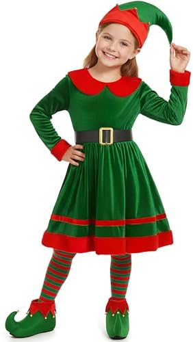Disfraz De Elfo De Navidad Para Niña – Traje Con Top Rojo, Falda Verde/Roja, Cinturón Y Gorro – Tallas S, M, L – Ideal Para Halloween, Carnaval Y Fiestas